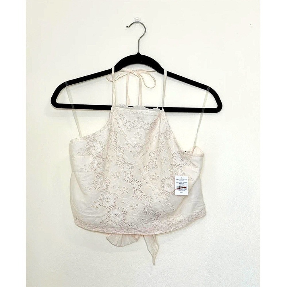 American Eagle Lacey Cropped Halter Top Cream Eyelet Boho Tie Back Large NWT
